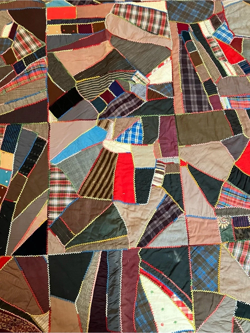 VTG Hand Pieced Embroidered Scrap Crazy 76 x 80 Quilt Farmhouse Primitive